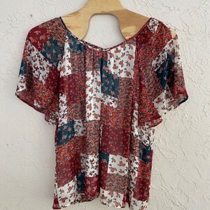 BloomChic Patchwork Floral Blouse Sz 26 Red Blue Sheer Flutter Sleeve Tie Back